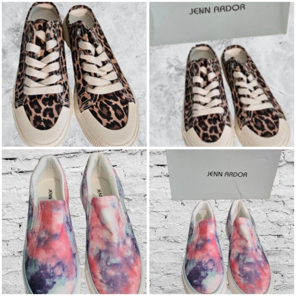 📣 Jenn Adore 2 Slip On Leopard & Tie Die Sneakers 🆕 😍 7.5 👟 1 Pair of Each